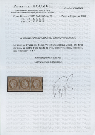 N°58c 10c brun sur rose TETE-BECHE au centre d'une