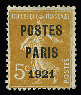 N° 27 5c orange avec surcharge POSTES PARIS 1921,