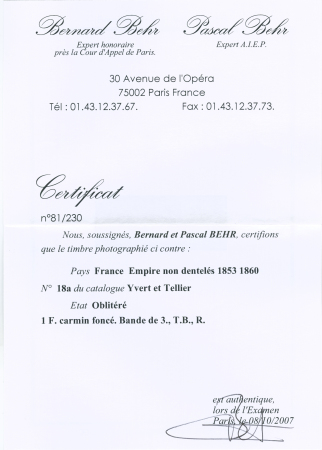 N° 18a 1F carmin foncé en bande de trois oblitérée