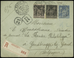 Belgique : N° 89+97 OBL CAD "Paris 21 R. de la Bastille" (1896) sur entier postal enveloppe 15c sage recommandée pour Gendbrugge-lez-Gand. . TB