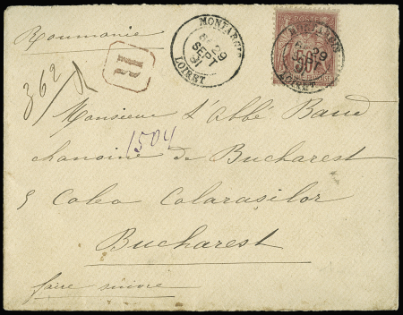 Roumanie : N°98 OBL Montargis Loiret (1891) sur lettre recommandée du 1er échelon pour Bucarest. TB