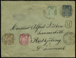 Danemark : N°80 + 98 + 102 OBL CAD "Versailles Notre-Dame Seine et Oise" (1900) sur enveloppe entier postal recommandée pour Radkjobing. TB