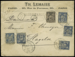 Danemark : N°97 + 101, 4 pièces (dont 1 perforée "FA") OBL "Paris 51 R.Lafayette" (1902) sur lettre recommandée du 3ème échelon pour Slagelse. TB