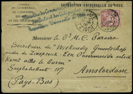 Pays-Bas : N°98, 50c rose, OBL CAD "Paris 21 12 R.Amélie" (1900) sur lettre du 2ème échelon de poids avec cursive bleue "Ministère du Commerce des postes et des télégraphes Exposition Universelle de 1900". TB