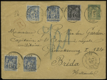 Pays-Bas : N°89 + 90, 4 pièces, OBL "Foix Ariège" (1894) sur env. entier postal 5c sage vert recommandée du 2ème échelon pour Breda. TB
