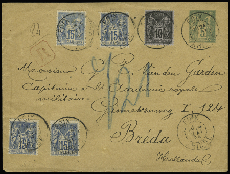 Pays-Bas : N°89 + 90, 4 pièces, OBL "Foix Ariège" (1894) sur env. entier postal 5c sage vert recommandée du 2ème échelon pour Breda. TB