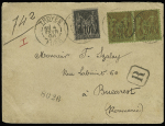 Roumanie : N°89 + 96 en paire OBL CAD "Troyes Aube" (1896) sur lettre recommandée du 1er échelon de poids pour Bucarest. TB
