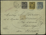 Suisse : n°89 + 99 OBL "Bordeaux Gironde" (1894) sur env. entier postal 15c sage du 3ème échelon de poids recommandé pour Carouge près Genève. TB