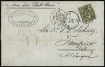 Mexique : n°82, 1F olive, OBL CAD "Paris R. Milton" (1877) seul sur lettre du 1er échelon de poids par voie des Etats-Unis pour Tampico avec transit New-York au verso. TB