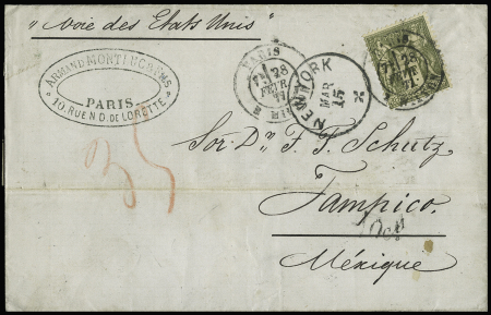 Mexique : n°82, 1F olive, OBL CAD "Paris R. Milton" (1877) seul sur lettre du 1er échelon de poids par voie des Etats-Unis pour Tampico avec transit New-York au verso. TB