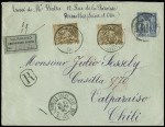 Chili : n°80, 2 pièces OBL "Versailles Notre Dame Seine et Oise" (1898) sur env. entier postal 15c Sage recommandée pour Valparaiso avec étiquette bleue "Valparaiso certificado ciudad". TB