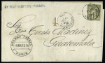 Guatemala : n°82, 1F olive (petit défaut d'angle) OBL "Paris rue d'Enghien" (1878) seul sur lettre au tarif pré-U.P.U du 1.1.1876 (1er échelon de poids) pour Guatemala avec griffe privée bleue de routage "By Southam