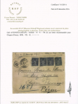 Pérou : n°75 + 90, 3 pièces, OBL "Avesnes-s-Helpe Nord" (1898) sur lettre recommandée du 1er échelon de poids pour Chepen. RR et TB