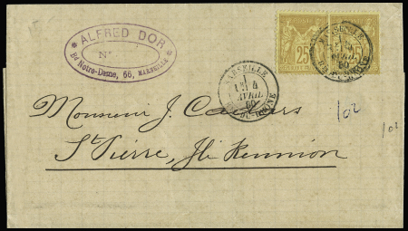 Réunion : n°92 en paire OBL CAD "Marseille Bches du Rhone" (1880) répété à côté sur lettre du 2ème échelon de poids pour Saint-Pierre. TB