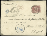 Inde : n°71, défaut d'angle, OBL CAD "Toulouse allées St Michel" (1887) sur lettre recommandée du 2ème échelon pour Rawalpindi (Penjab). TB