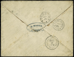 Japon : n°89 + 92 OBL CAD "St Etienne Loire" (1881) sur lettre pour Yokohama avec mention manuscrite "Voie des Etats-Unis" et CAD de transit au recto "New-york FD" et San Francisco au verso (1er échelon de poids par vo