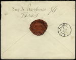 Tahiti : n°92 OBL CAD "Paris R.Taitbout" (1884) sur lettre pour le directeur des postes de Papeete avec au verso CAD "Papeete Taïti". RR et TB, certificat Behr