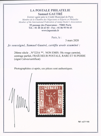 N° 325A 50c rouge carminé, centrage parfait, fraîcheur