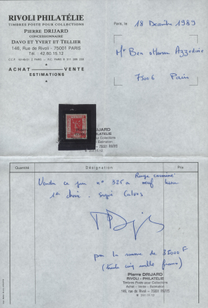 N° 325A 50c rouge carminé, centrage parfait, fraîcheur