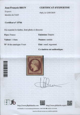 N°18 1f carmin, belles marges, neuf avec gomme non