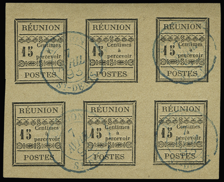 Taxe n° 3 en bloc de six obl. CàD bleu St Denis 07.04.1893,