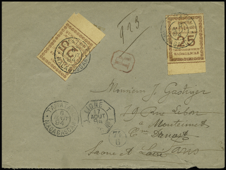 N°11 x2 sur lettre recommandée de Tamatave 06.08.1894