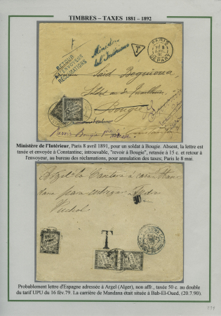 Lettre non affranchie de Paris pour Bougie avec 2