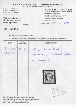 N° 47b 30c brun noir, très belle nuance, TTB. Cert.