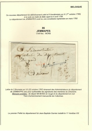 Belgique (86 Jemmapes). Lettre avec MP rouge "86 M