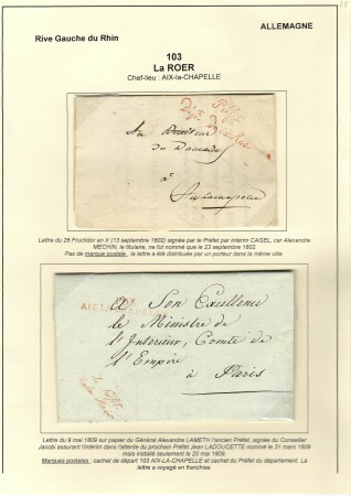 Allemagne (103 La Roer). Lettre du Prefet par inté