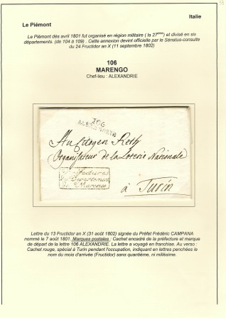 Italie (106 Marengo). Lettre du prefet Frédéric Ca