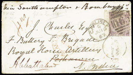 1867 Envelope to Peshawar/India bearing a 1865-67 6d