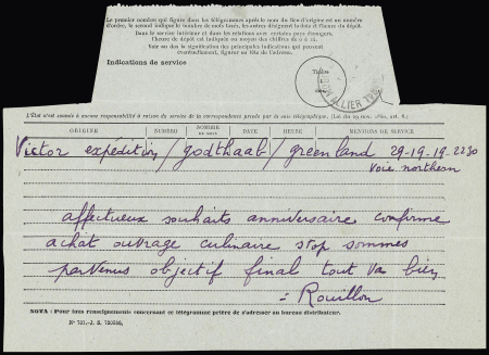 1949 Expédition de P.E. Victor au Groenland: télégramme