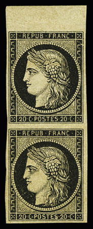 20c. noir s/ blanc. Paire verticale. BdF. Pli vertical