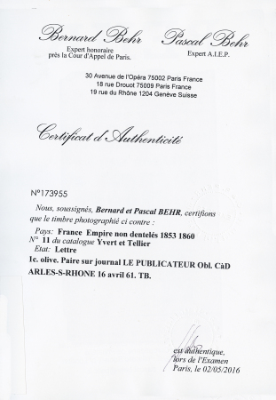 1c olive. Paire sur journal LE PUBLICATEUR obl. CàD
