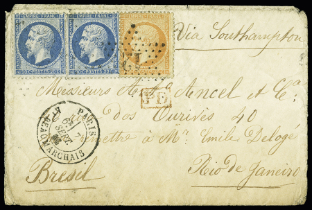 2 x 20c + 40c Empire dentelé sur lettre frappée du