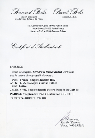 2 x 20c + 40c Empire dentelé sur lettre frappée du