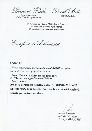 20c bleu sur fragment de lettre obl GUINGAMP du 25