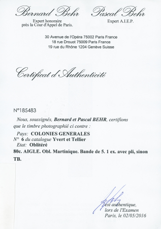 80c Aigle obl. Martinique. Bande de 5. 1 ex avec pli,