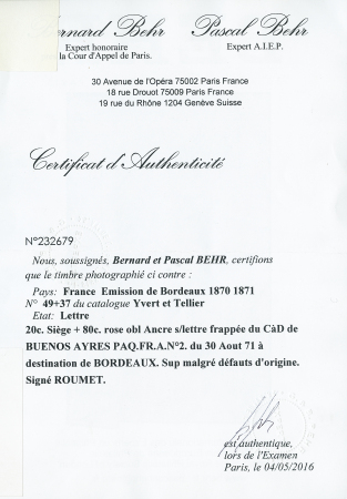 20c Siège + 80c rose obl. Ancre s/lettre frappée