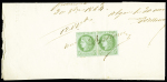5c vert-jaune s/ azuré. Paire s/ document d'Alger