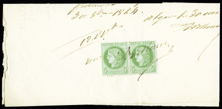 5c vert-jaune s/ azuré. Paire s/ document d'Alger