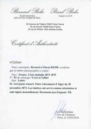 5c vert-jaune s/ azuré. Paire s/ document d'Alger