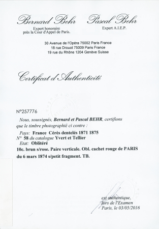 10c brun s/ rose. Paire verticale. Obl cachet rouge