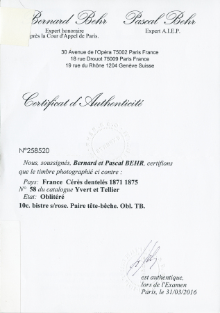 10c bistre s/rose. Paire tête-bêche. Obl. TB