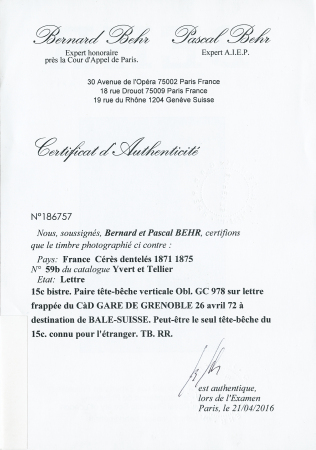 15c bistre. Paire tête-bêche verticale obl. GC 978