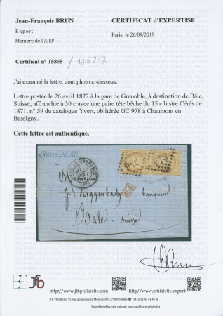 15c bistre. Paire tête-bêche verticale obl. GC 978