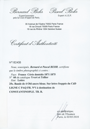 25c. Bande de 4 obl ancre bleue. Sur lettre frappée