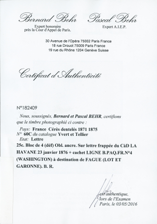 25c Bloc de 4 (déf) obl ancre. Sur lettre frappée
