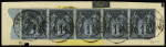 1c bleu de Prusse. Bande de 5 obl. s/fragment. BdF